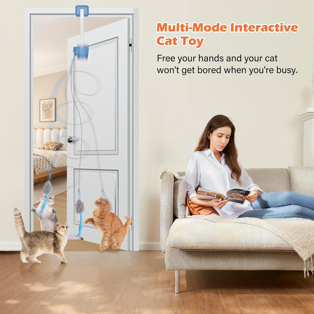 Rechargeable Electric Cat Teaser with Remote: Interactive 2-Mode Door Clip Toy for Australian Cats’ Exercise & Fun (Blue)